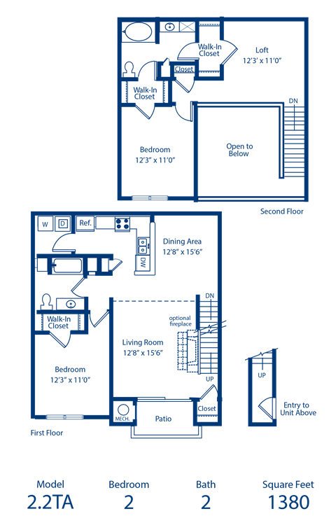 Floor plan for 2 beds, 2 baths, 1380 sqft